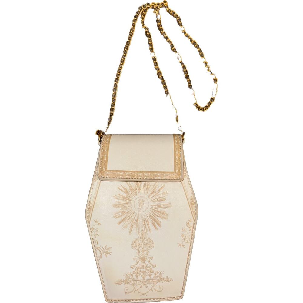 OKPTA Coffin Cross-body Purse Gold Chain "F" Monogram On Front White/Gold